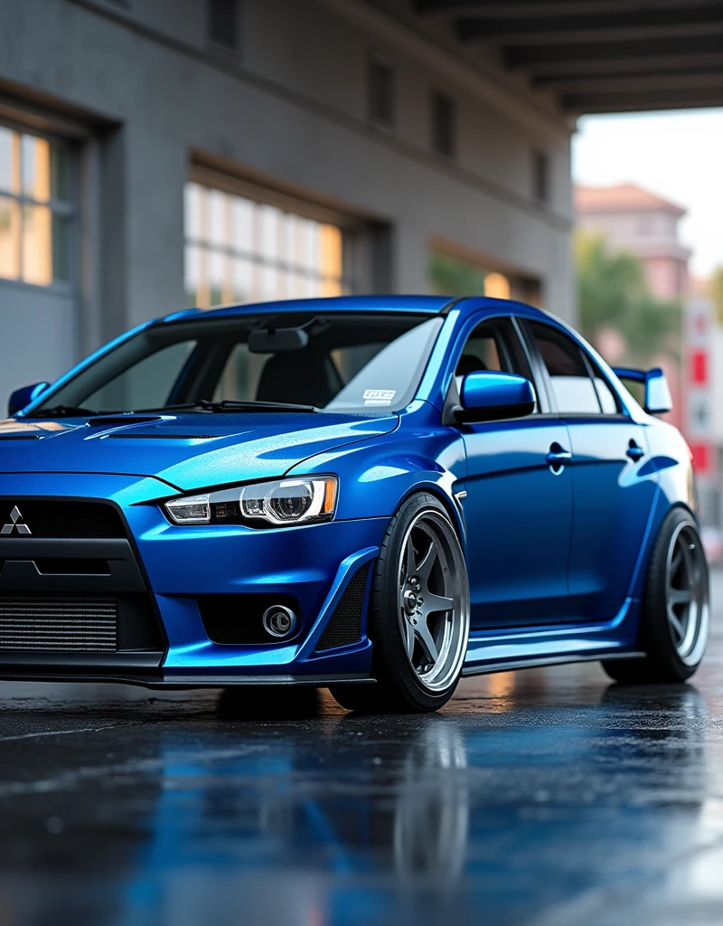 Imagine a Mitsubishi Evolution, its sleek body modified to perfection. Envision a vibrant, electric blue hue, 'Evolution Blue,' that seems to shift and shimmer in the light. The wheels, a gleaming silver, are forged from the strongest alloys, designed to handle the intense power of the turbocharged engine. The exhaust system, a masterpiece of engineering, emits a deep, throaty growl that announces the Evolution's presence to all who will listen. The interior, a cocoon of luxury and technology, features premium leather and suede, with a dashboard that shines like polished chrome. The seats, designed for comfort and support, cradle the driver and passenger in style. The steering wheel, wrapped in the finest leather, feels like an extension of the driver's own hands. The Evolution is a symphony of power, style, and innovation – a true masterpiece of automotive art