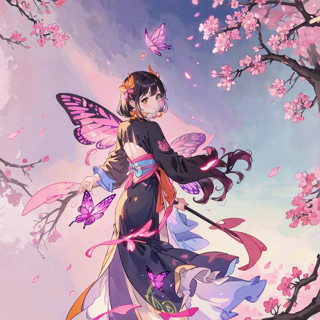 a symmetrical illustration of a silhouette standing under a cherry blossom tree with large pink butterfly wings in the style of anime tarot card art in the style of colorful, colorful sparkles flying everywhere, a magical, dreamy glow effect, glowing lights, vibrant colors of pink, black, yellow, white, purple, red, orange, and blue. --ar 3:4 --niji 6