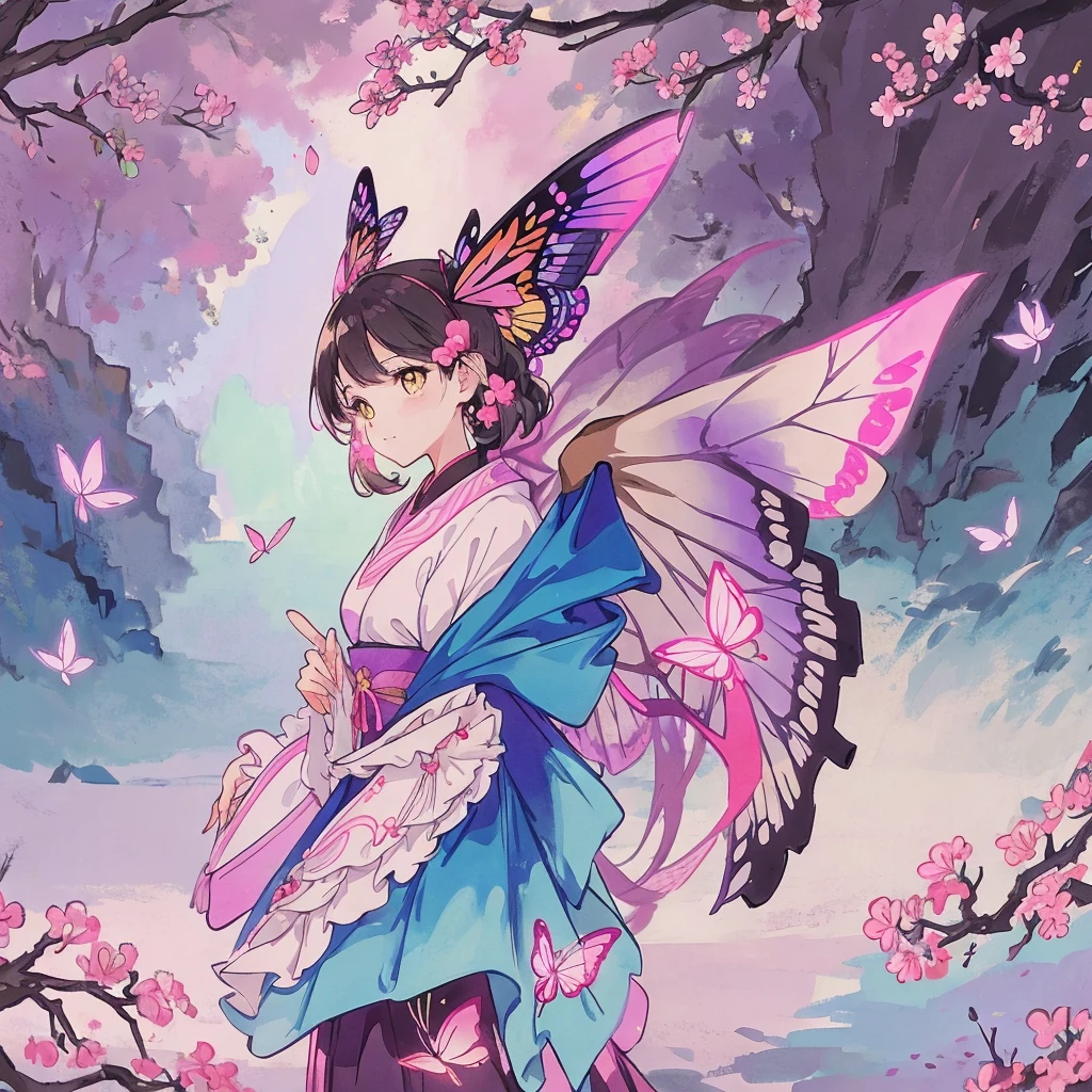 a symmetrical illustration of a silhouette standing under a cherry blossom tree with large pink butterfly wings in the style of anime tarot card art in the style of colorful, colorful sparkles flying everywhere, a magical, dreamy glow effect, glowing lights, vibrant colors of pink, black, yellow, white, purple, red, orange, and blue. --ar 3:4 --niji 6