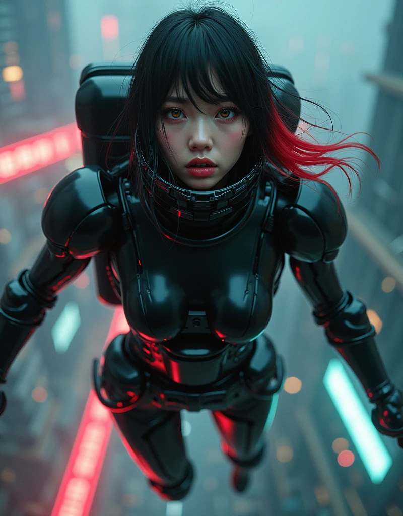NFSW, photo-realistic, ultra-realistic, very beautiful Japanese, famous Japanese idol, 25 years old, Mixture of Japanese and Russian, latex BDSM, Vulgar, dramatic scene, masterpiece, beautiful eyes, (extremely intricated with extremely complex futuristic cyber punk mecha armored black latex full-face gas mask:1.5), (wearing extremely intricated with complex multi-layered cyber punk mecha armored tight fitting bodysuits with neon sign:1.3), (She uses the rocket engine on her back to float in the air:1.5), amazing view from sky, (surprising expressions, crying), acrobatic pose, dynamic angle