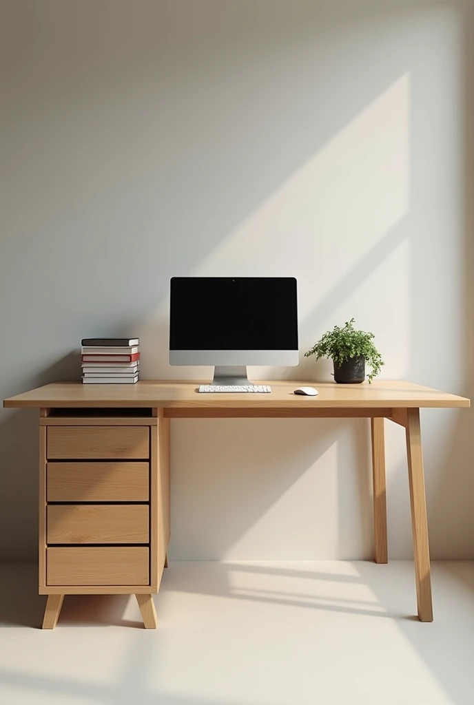 Perspective of a rectangular wooden desk. With 1 drawer divided into three lengthwise and on top of it a computer and 3 books, with legs free of drawers