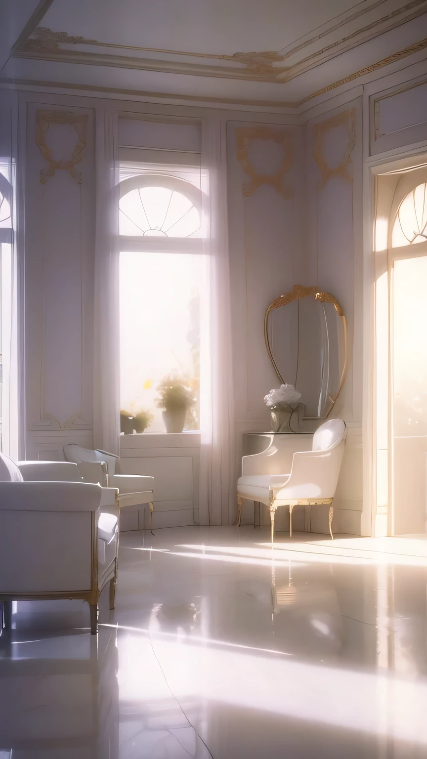 a white dreamy house, living room, retro, foggy, soft focus, year of 1995, cool lighting, muted pastel colors, glowing atmosphere, dramatic, cinematic composition, dream-like quality, ethereal, romantic, soft focus photography, golden hour, windy, marble, golden and mirrors, hazy, thick fogs