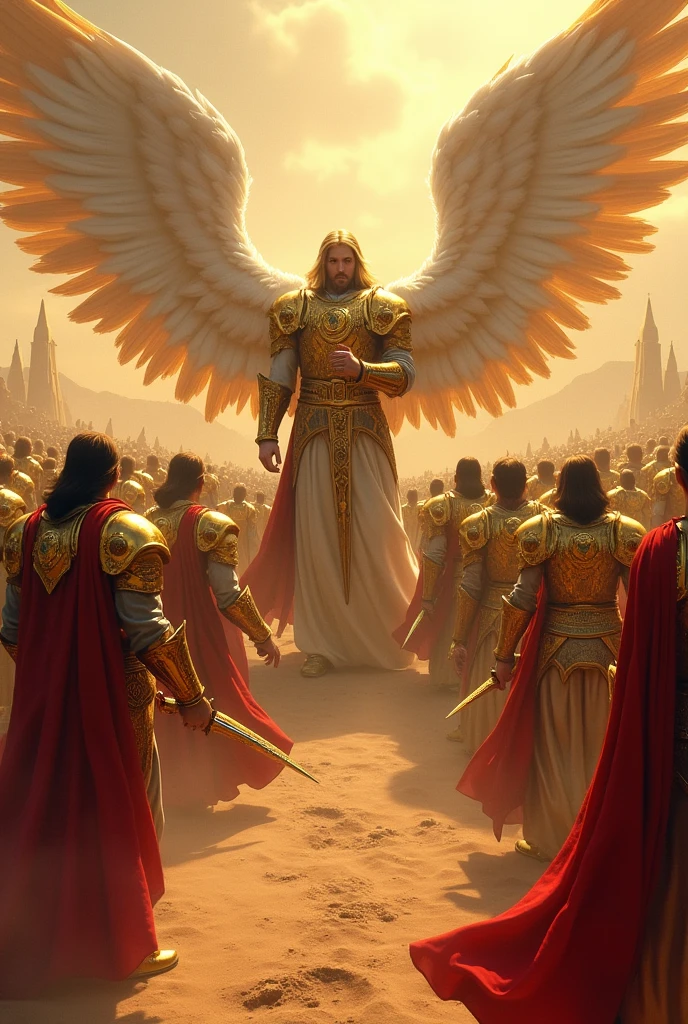 THOUSANDS OF ANGELS WITH MALE HUMAN FACES ,gold armour, EMERALD RED ARMOR, BLUE COLOR GREVE, FLAMING SWORD OF FIRE WITH HUGE WINGS, PROTECTING A PROPHET&#39;S TENT CAMP IN THE DESERT.