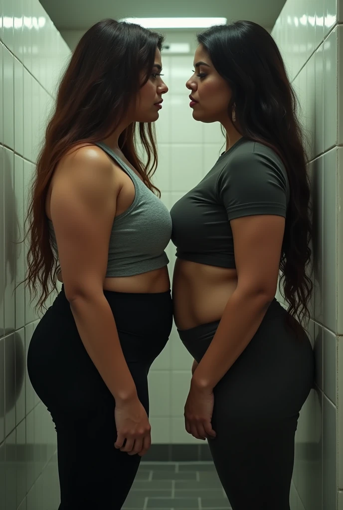 A 34 years old indian hot sexy woman have very big boobs ,very big tight ass wearing tight yoga pants and t shirt detailed eyes detailed lips long brown hair staring hatefully to her rival who wearing same attire age 34 very big breast, tight big ass pink lips detailed eyes detailed long black hair both standing nose to nose in gym bathroom pushing each other bodies against bathroom tiles, ultra HD 4k max cinematic masterpiece, ultra HD quality realistic picture quality 