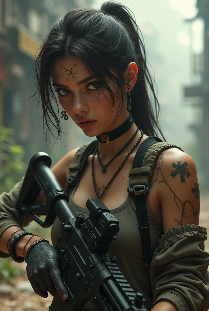 A toxic girl holding m416 gun with toxic printed on his chest and 03 on his shoulder in infected area . Upper body is shown .