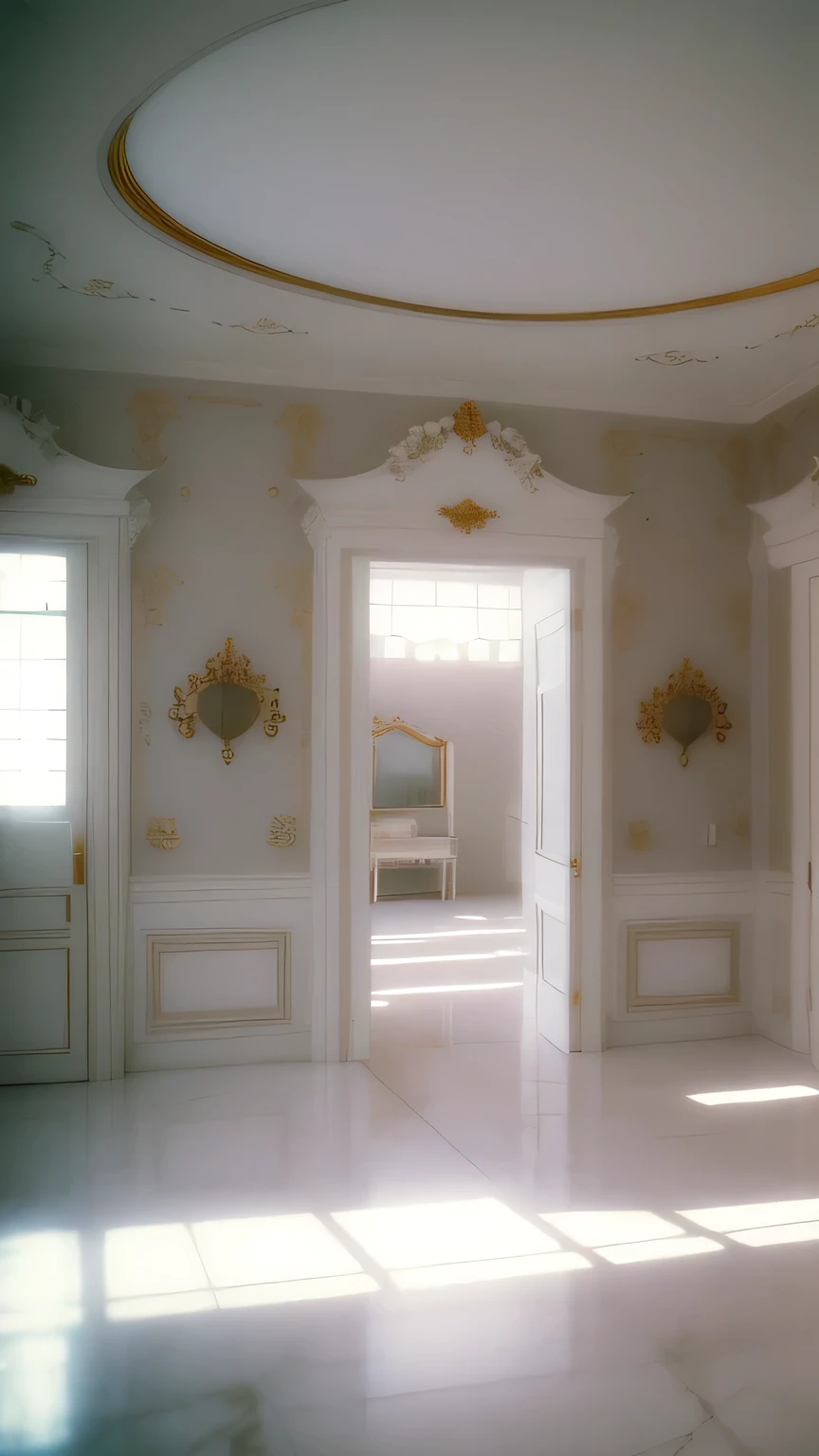 a white dreamy house, living room, retro, foggy, soft focus, year of 1995, cool lighting, muted pastel colors, glowing atmosphere, dramatic, cinematic composition, dream-like quality, ethereal, romantic, soft focus photography, golden hour, windy, marble, golden and mirrors, hazy, thick fogs