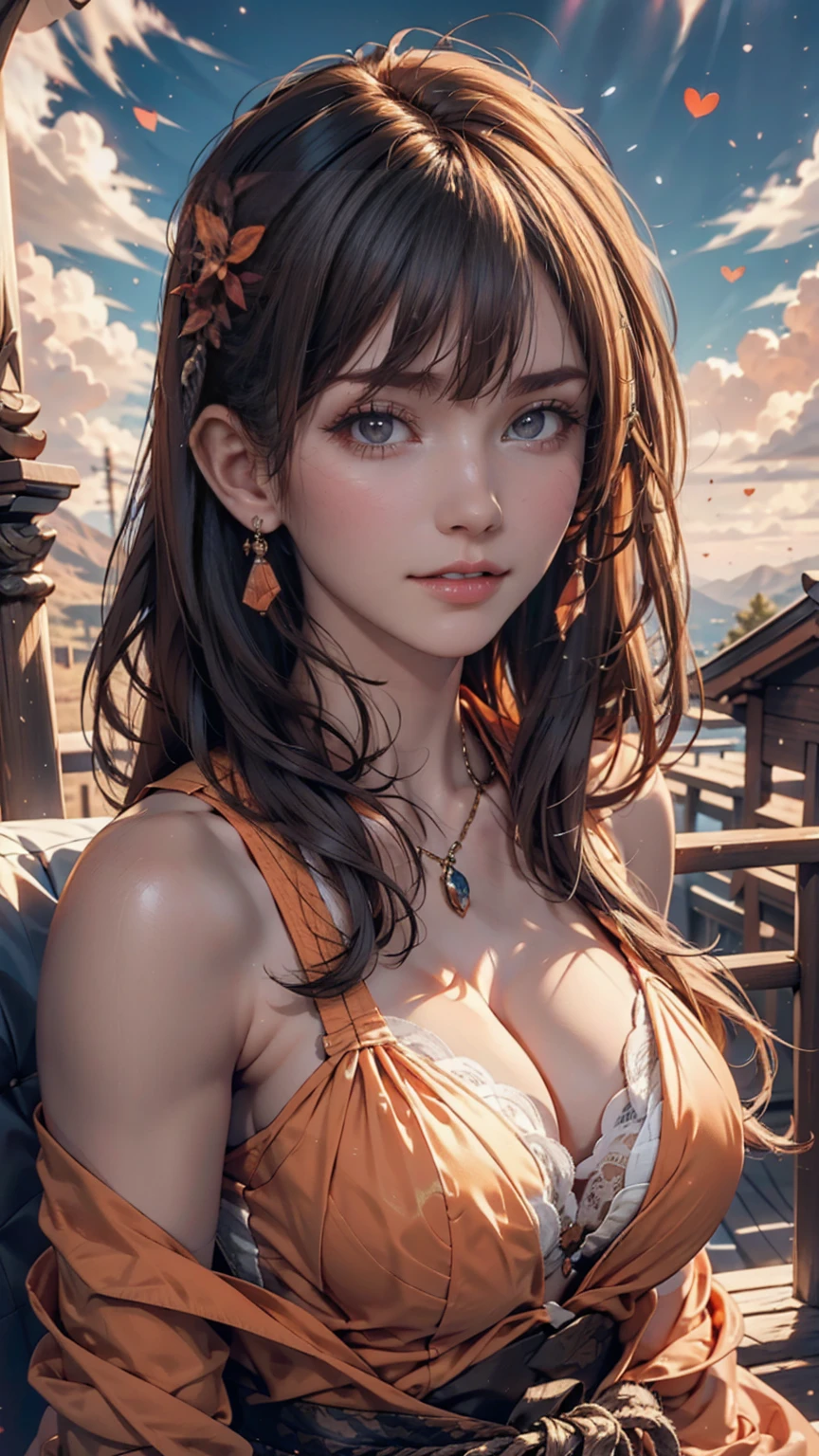 An angelic being without human affection, woman、Creator of the Universe, myth, The background of the image is, Heavenly Mountain Scenario, Orange Clouds. The image style should be cartoon-like, With powerful and impressive strokes, 登場人物にはmythや天使の要素が加わっている