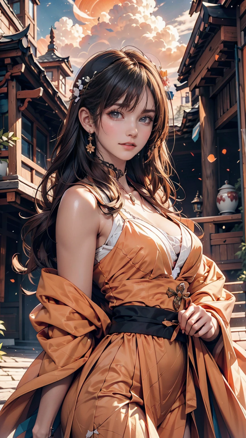 An angelic being without human affection, woman、Creator of the Universe, myth, The background of the image is, Heavenly Mountain Scenario, Orange Clouds. The image style should be cartoon-like, With powerful and impressive strokes, 登場人物にはmythや天使の要素が加わっている