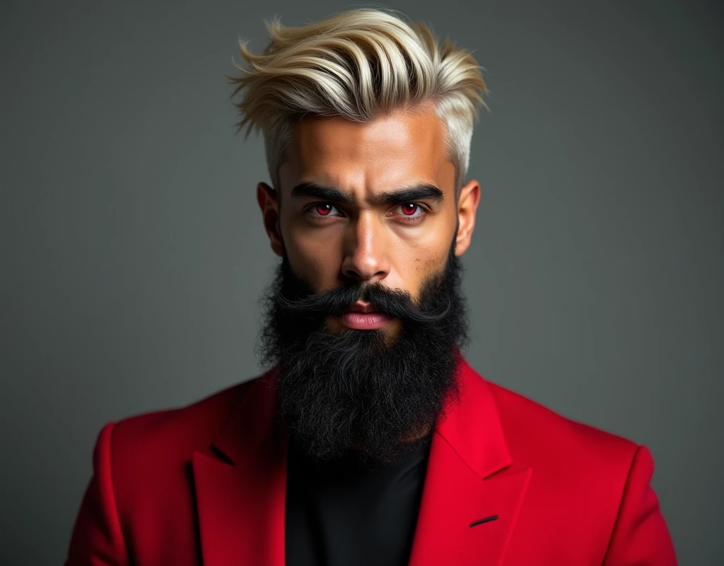 headshot of a very tall Arab-Egyptian featured male model, short platinum blond wavy swept back hair, long black stubble, lithe body, brown skin, vibrant red eyes, tall toned body. Professional expression. Wearing red and black clothes.