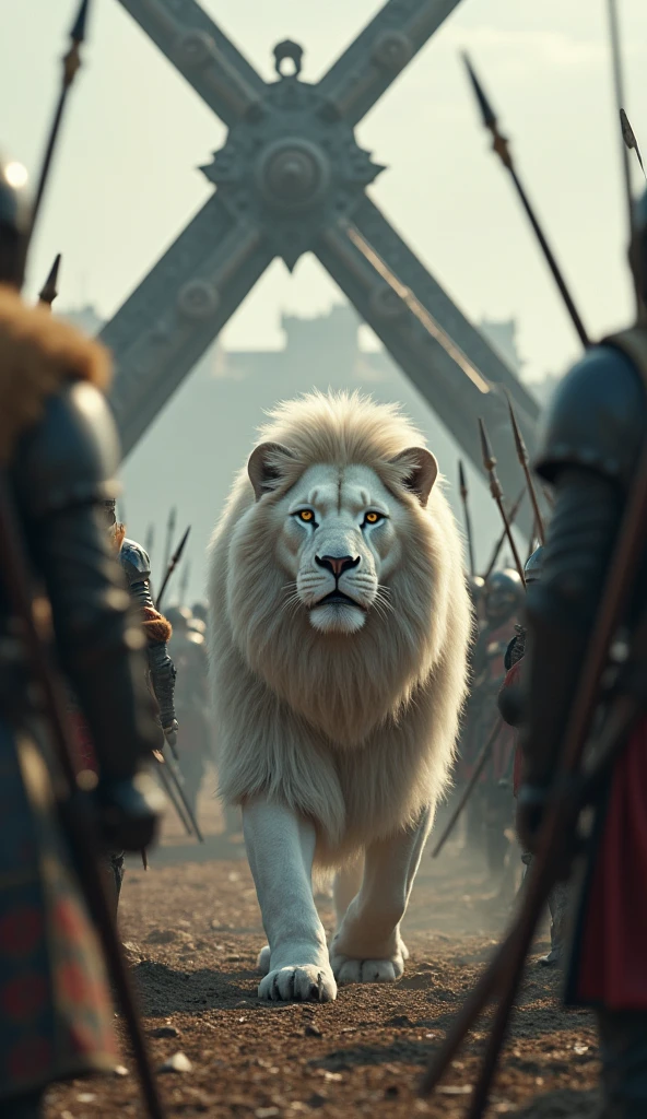 A giant white lion walking through a medieval siege engine, ((a giant fireball-throwing catapult :1.5)), Highly Detailed:1.3, Full Body Center Shot, Realistic, Photorealistic, 8k, Hyper Detailed, Intricate, Ornate, Masterpiece, Dramatic Lighting, Cinematic, Epic, Gritty, Moody, Chiaroscuro, Dark, Gloomy, Ominous, Medieval Soldiers, Armor, Weapons, War, Battle, Explosion, Fire, Smoke, Destruction, Weathered, Aged, Ancient, (Best Quality, 4k, 8k, High Res, Masterpiece:1.2), Ultra Detailed, (Realistic, Photorealistic, Photorealistic:1.37), HDR, UHD, Studio Lighting, Ultra Fine Painting, Sharp Focus, Physically Based Rendering, Extreme Detail Description, Professional, Vivid Colors, Bokeh