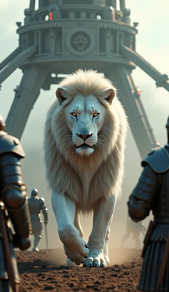 A giant white lion walking through a medieval siege engine, ((a giant fireball-throwing catapult :1.5)), Highly Detailed:1.3, Full Body Center Shot, Realistic, Photorealistic, 8k, Hyper Detailed, Intricate, Ornate, Masterpiece, Dramatic Lighting, Cinematic, Epic, Gritty, Moody, Chiaroscuro, Dark, Gloomy, Ominous, Medieval Soldiers, Armor, Weapons, War, Battle, Explosion, Fire, Smoke, Destruction, Weathered, Aged, Ancient, (Best Quality, 4k, 8k, High Res, Masterpiece:1.2), Ultra Detailed, (Realistic, Photorealistic, Photorealistic:1.37), HDR, UHD, Studio Lighting, Ultra Fine Painting, Sharp Focus, Physically Based Rendering, Extreme Detail Description, Professional, Vivid Colors, Bokeh