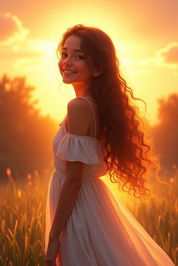 A old girl with a long curly hair reaching to her knees witha sunset background shining behind her back facing us with a wide smile with a long white dress