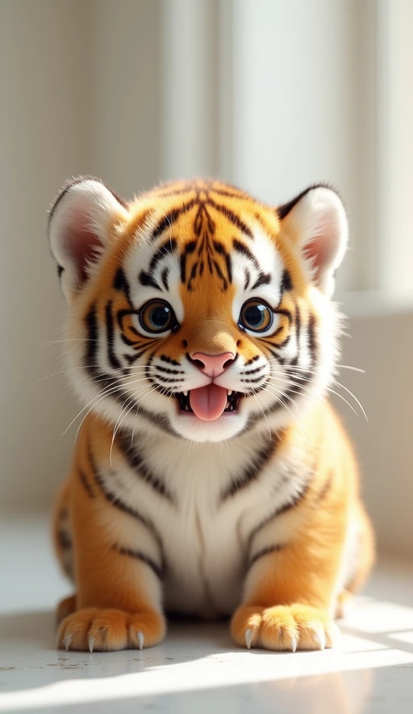 A fat, white and cute little tiger baby, Very fat,Big eyes, Cute and cuddly,Fluffy, Delicate and exquisite, Real little tiger,The expression is very cute and sticking out tongue is very cute,Garden meadow background,Pure white high-end bathroom background