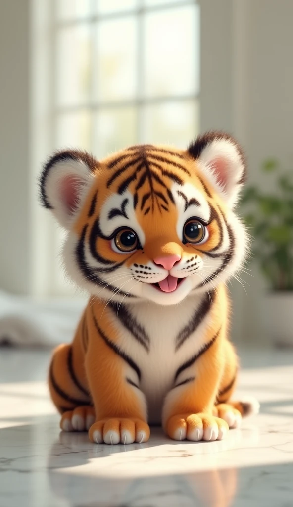 A fat, white and cute little tiger baby, Very fat,Big eyes, Cute and cuddly,Fluffy, Delicate and exquisite, Real little tiger,The expression is very cute and sticking out tongue is very cute,Garden meadow background,Pure white high-end bathroom background