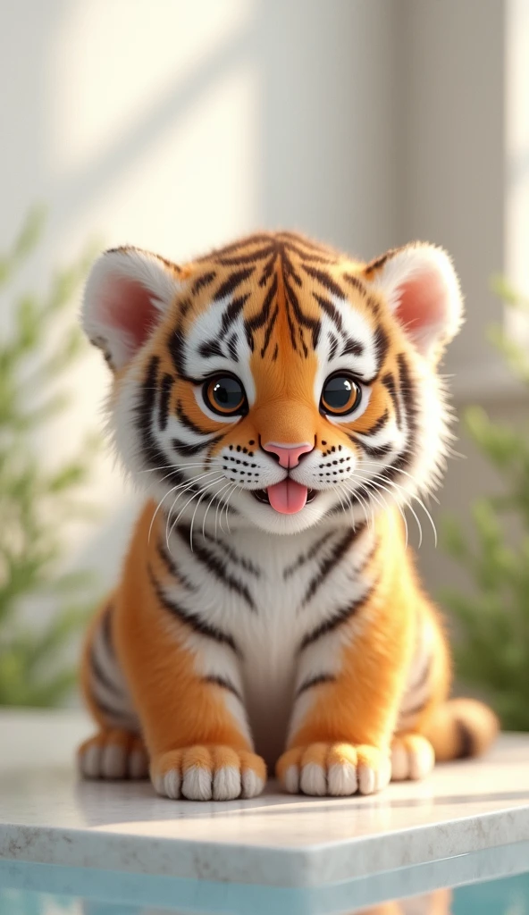 A fat, white and cute little tiger baby, Very fat,Big eyes, Cute and cuddly,Fluffy, Delicate and exquisite, Real little tiger,The expression is very cute and sticking out tongue is very cute,Garden meadow background,Pure white high-end bathroom background