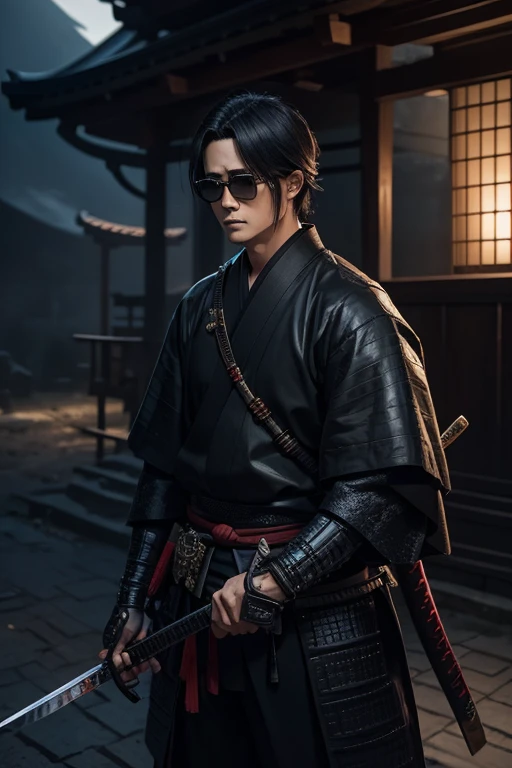 anime style,black hut,sunglass,male,sharp eyes,old,cool cool cool,samurai,holding katana,masterpiece,best quality,super detailed,super fine illustration,perfect hands,perfect fingers,perfect katana,BREAK 燃えている寺,detailed background,