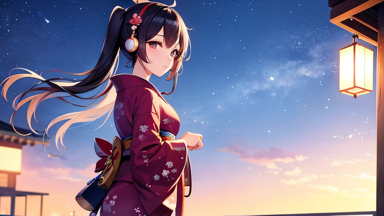 cute geisha girl is wearing kimono and listening music with headphone background is beautiful sky at the night universe