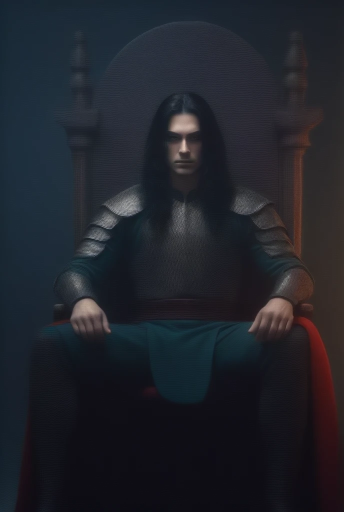 A warrior with red rob sitting on a throne with long black hair ,handsome and cool , holding his sword in a knights style and looking at the camera in a ferice experience, one eye blue and other green