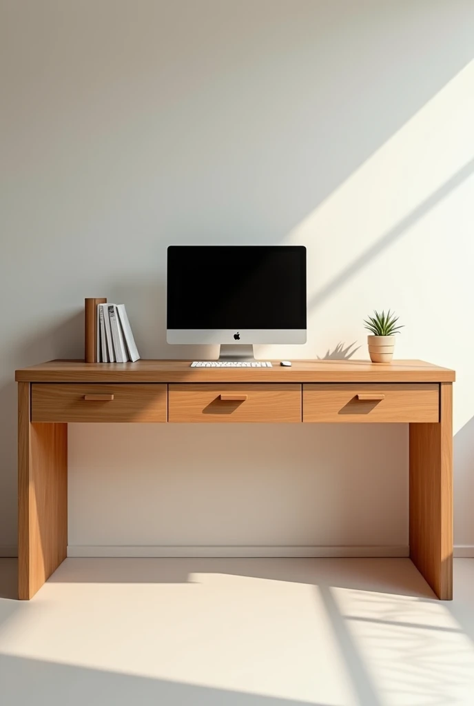 Perspective of a rectangular wooden desk. With 1 drawer divided into three lengthwise and above it a computer and 3 books, with legs free of drawers
