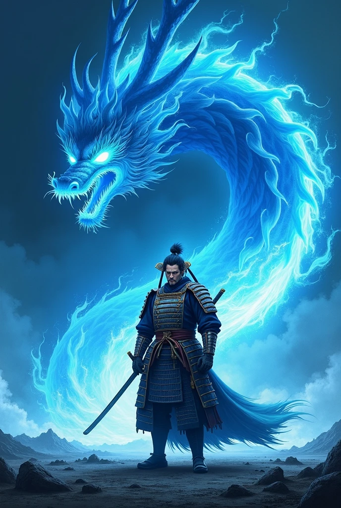 masterpiece、最high resolution、high resolution、Detailed Description、beautiful、art、One Samurai、Samurai surrounded by blue flames、Beautiful armor、Samurai brandishing a sword、Sharp-eyed Samurai、A glare at me、The sword is engulfed in blue flames、battlefield、Blue dragon on background、A tense scene、Ink Painting、Movie poster motif、Inspired by The Last Samurai、4K Graphics、