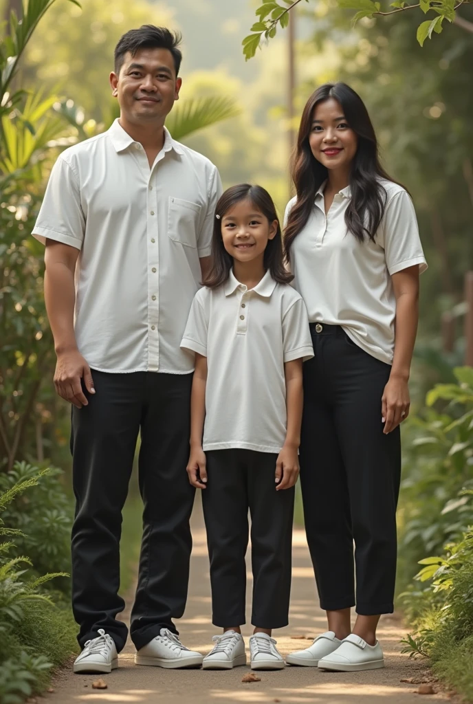 Family, filipino, wearing white shirt, black pants, white shoes, whole body, realistic, not really hd, natural lightings, not edited,