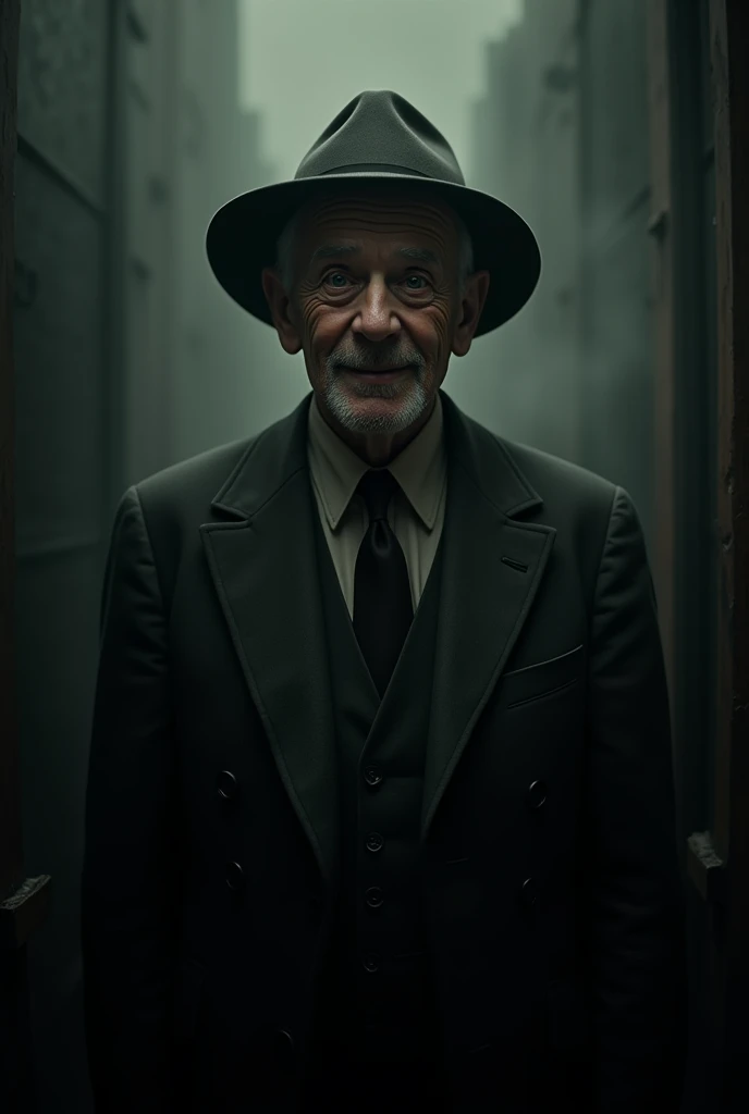 Create a figure of a 60-year-old man smiling in a suit and hat in 1940s clothing with a very dark setting and an atmosphere of suspense and terror.