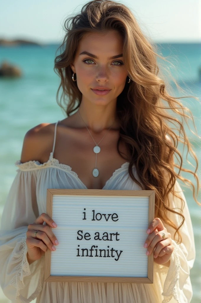 Beautiful girl with wavy long hair, bohemian dress, holding a white board with text "I Love Seaart Infinity" and showing it to the viewer