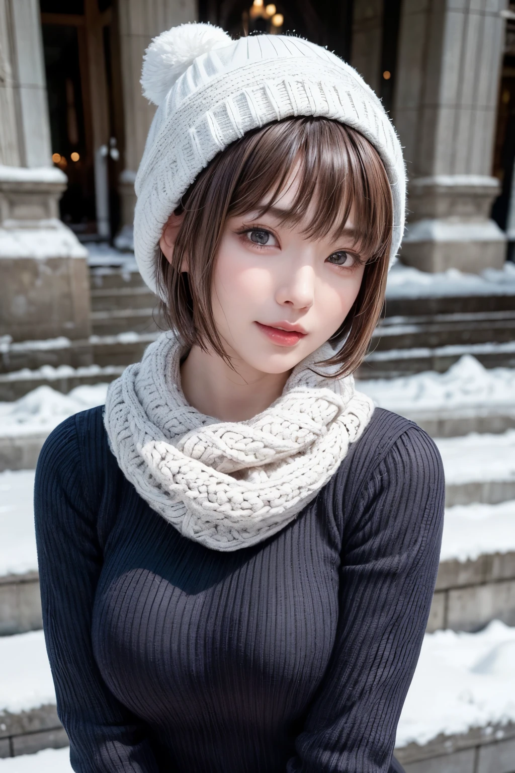 (masterpiece, Highest quality),One Girl, solo, Black-haired, scarf, hat, Realistic, Realistic, Looking at the audience, Light-coloured black eyes, Short brunette bob hair, Brown coat, Winter clothes, White headscarf, Lips, Bans, Plein Air, Mouth closed, Upper body、Big eyes、Eyelashes、((Beautiful landscape with sparkling snow))、(((Short bob hair with bangs、Shiny Hair、Big eyes、large full chest、Intensely accentuates the eyes、Staring at the audience、Beautiful beauty、Listen carefully、Long neck、Smile a little、Please close your mouth and laugh、Ideal body proportions)))、{huge|big|hugeな|Mega} chest:2, chestの谷間:2