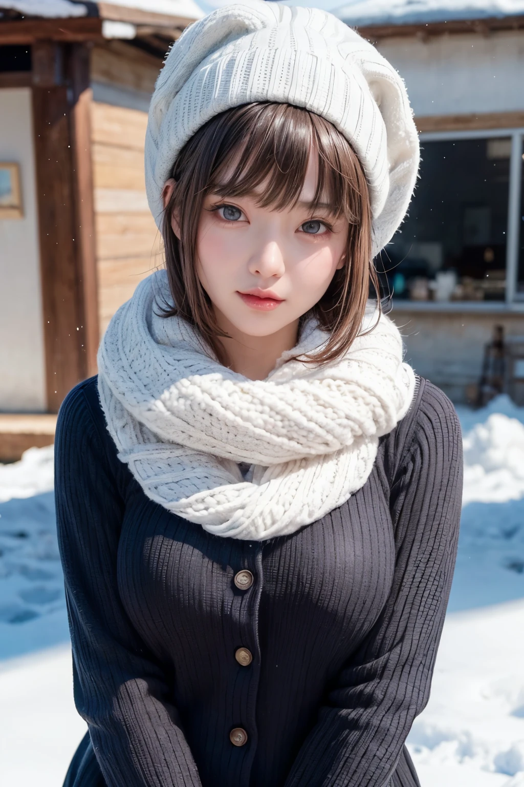 (masterpiece, Highest quality),One Girl, solo, Black-haired, scarf, hat, Realistic, Realistic, Looking at the audience, Light-coloured black eyes, Short brunette bob hair, Brown coat, Winter clothes, White headscarf, Lips, Bans, Plein Air, Mouth closed, Upper body、Big eyes、Eyelashes、((Beautiful landscape with sparkling snow))、(((Short bob hair with bangs、Shiny Hair、Big eyes、large full chest、Intensely accentuates the eyes、Staring at the audience、Beautiful beauty、Listen carefully、Long neck、Smile a little、Please close your mouth and laugh、Ideal body proportions)))、{huge|big|hugeな|Mega} chest:2, chestの谷間:2
