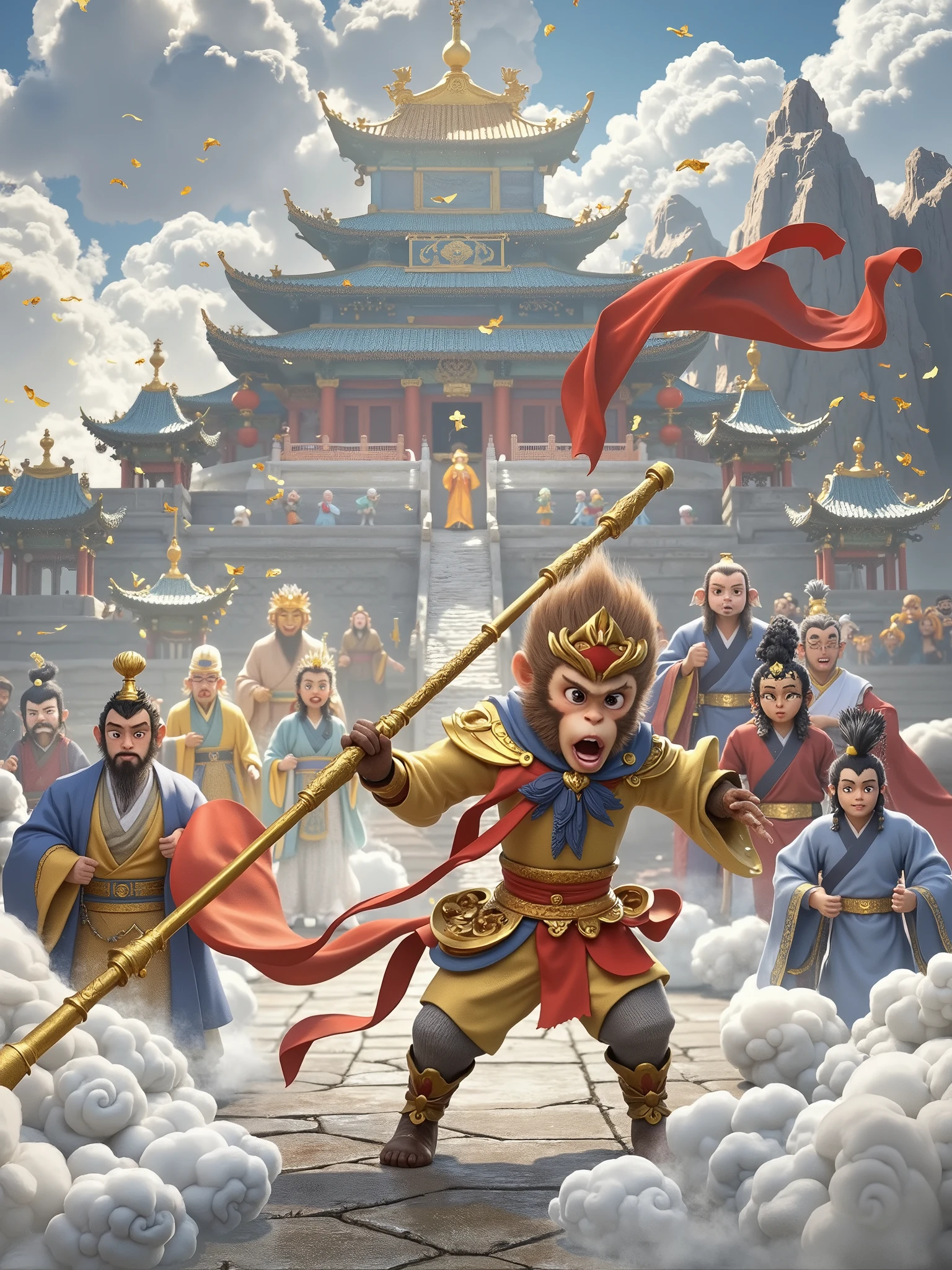 3D illustration of China's cute 5-year-old monkey king Sun Wukong is causing havoc in the Heavenly Palace. Sun Wukong holds a golden stick and challenges the gods in front of the Nantian Gate. The Heavenly Palace building is magnificent, the gods have frightened and angry expressions, the scene is full of tension and dynamics, and the extra-long flowing red scarf , ancient Chinese palace in the clouds, shrouded in mist, 3D art, CGI rendering technology, very rich details, 3D illustration, very Pixar style, Pixar style
