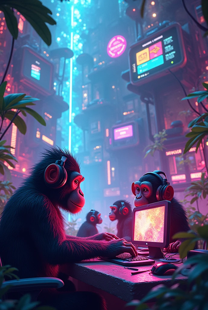 Create an image with the name MASQUEICOS With several gamer monkeys in the image