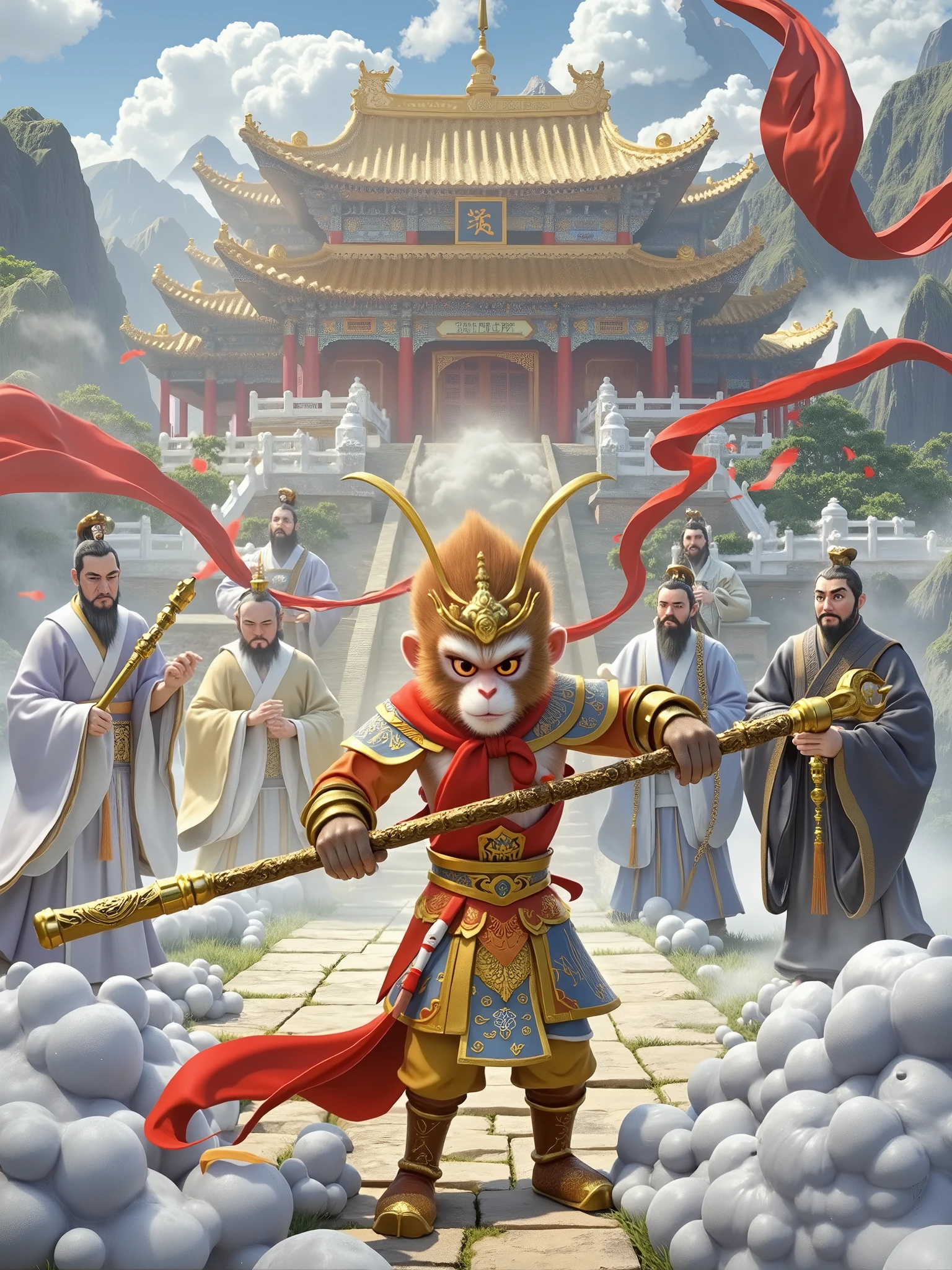 3D illustration of China's cute 5-year-old monkey king Sun Wukong is causing havoc in the Heavenly Palace. Sun Wukong holds a golden stick and challenges the gods in front of the Nantian Gate. The Heavenly Palace building is magnificent, the gods have frightened and angry expressions, the scene is full of tension and dynamics, and the extra-long flowing red scarf , ancient Chinese palace in the clouds, shrouded in mist, 3D art, CGI rendering technology, very rich details, 3D illustration, very Pixar style, Pixar style