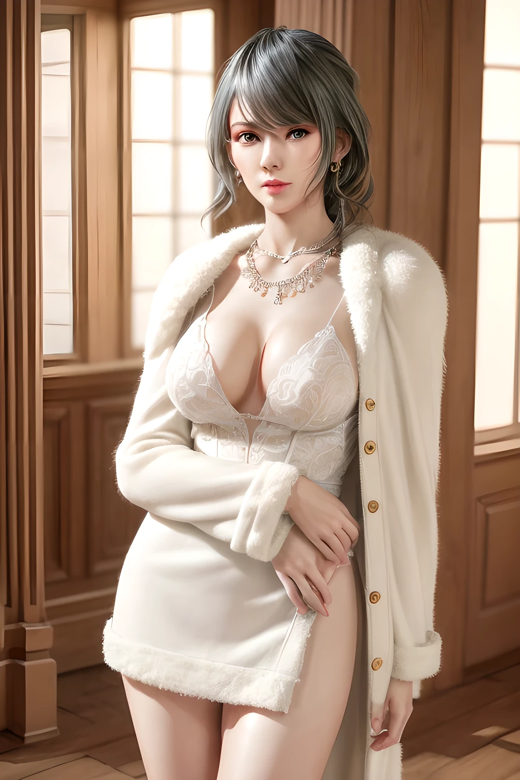 A lady with extraordinary temperament, she stands in a modern indoor space, as if she is a model from a fashion magazine. She is wearing a (pure white long fur cape), the softness and luster of which makes her look more noble under the light, and complements her (beige dress) underneath, showing her gentle temperament while maintaining a sense of fashion. The style of the dress is simple and generous, a perfect match, and it lengthens her figure, making her tall and charming. The lady's makeup is delicate and elegant, which just highlights her facial features and makes people unforgettable at first sight. Although the earrings and necklace she wears are not ostentatious, they add a bit of sophistication and nobility to her overall look. Her hair is casually draped over her shoulders, and every strand of hair exudes a natural luster,, (best quality,8k,highres,masterpiece:1.2),ultra-detailed,(realistic,photorealistic,photo-realistic:1.37),studio lighting,ultra-fine painting,sharp focus,physically-based rendering,extreme detail description,professional,vivid colors