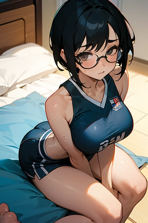 A girl with glasses, short black hair, a basketball uniform with a crop top and shorts, shy pose, sitting with her back arched, showing her thighs, on a bed. View from above, showing her back, big breasts, big butt, bare feet, lying down, sweating.
