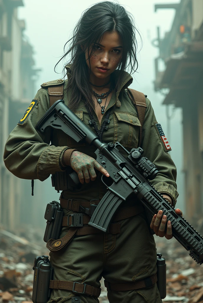A toxic girl holding m416 gun with toxic printed on his chest and 03 on his shoulder in infected area .