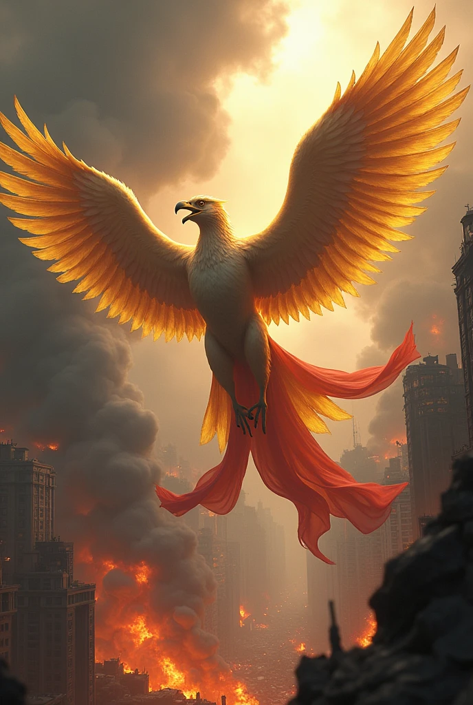 The golden Garuda bird carries a red and white cloth in the midst of destruction in the middle of a city full of smoke and fire.