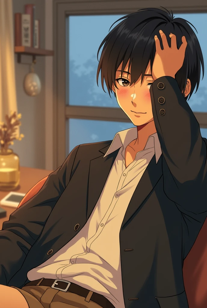 Japanese male high school boy, 2000s, shy, soft filters, warm lighting