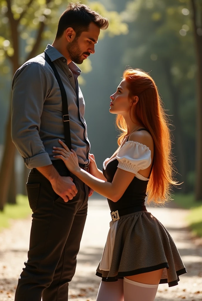 POV of a standing man, ultra realistic, photography, long straight red hair, (24 years old, hourglass figure, perfect body, natural medium breasts), seductive look, wearing a tight Dirndl dress with a nice cleavage, she is wearing white thigh high stockings, wearing a tight Dirndl dress with a nice cleavage, she is wearing white thigh high stockings, on a sunny day, posing sexy, she is kneeling in front of a man, point of viev of a man standing before her, she is lloking up into the camera, she is touching his pants with her hands, she is very close to his pants, she is unbuckling his belt