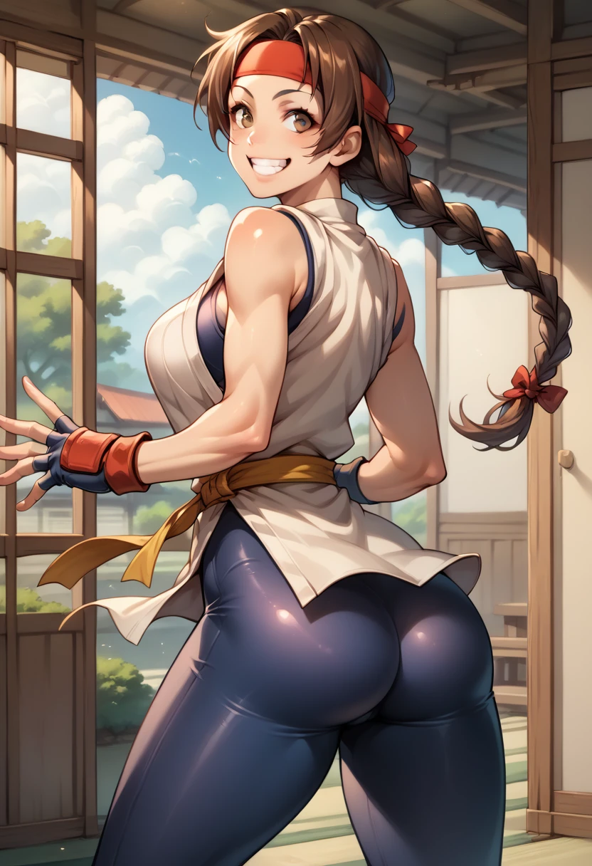 score_9, score_8_up, score_7_up, BREAK, score_9, ysakazaki, happy, teeth, smile, brown hair, brown eyes, single braid, dougi, spandex, headband, fingerless gloves, cowboy shot, ass, from behind, dojo