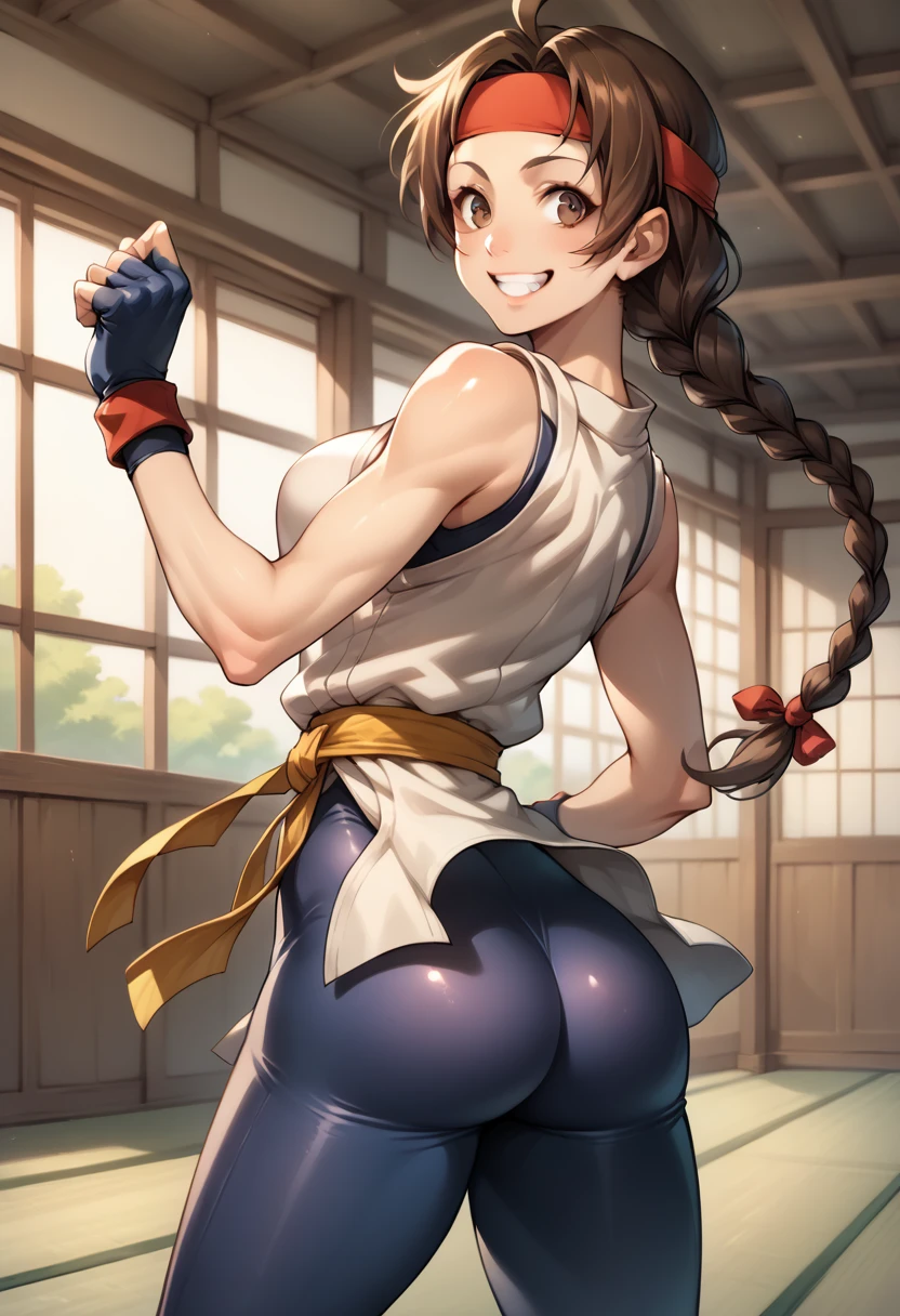 score_9, score_8_up, score_7_up, BREAK, score_9, ysakazaki, happy, teeth, smile, brown hair, brown eyes, single braid, dougi, spandex, headband, fingerless gloves, cowboy shot, ass, from behind, dojo