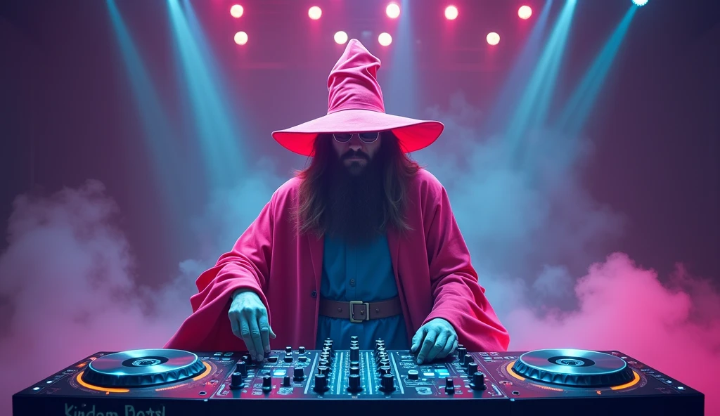 a DJ wizard controlling a mixing board, edm, in the background colored smoke, 2k image, scenographic