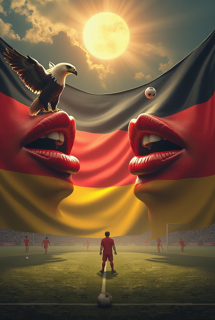 I want 👄, a peroba,a flag of germany,A eagle,a sun lined up for a football match 