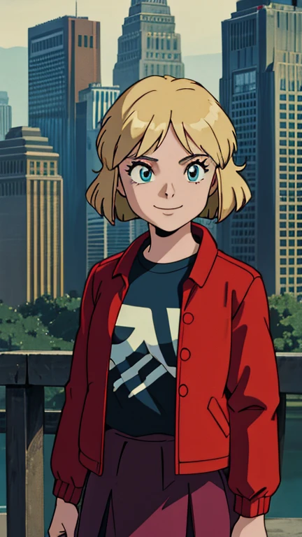 (1girl, may hopkins, red jacket, open jacket, t-shirt, skirts, looking at viewer, smile, short hair), (extremely detailed CG unit 8k wallpaper),(master part), (best quality), (ultra detali), (best illustration),(ghibli style), symmetrical composition, cowboy shot, (Sharp eyeliner, ombre, detailed eyes:1), Gotham City Style, outdoor background, break , upper body, 