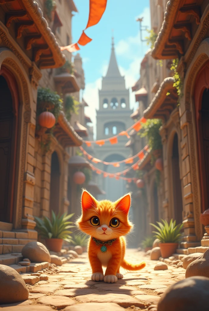 There is an orange cat in an ancient city, Where he is looking for a mysterious artifact.