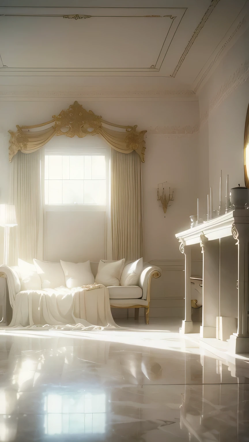 a white dreamy house, living room, retro, foggy, soft focus, year of 1995, cool lighting, muted pastel colors, glowing atmosphere, dramatic, cinematic composition, dream-like quality, ethereal, romantic, soft focus photography, golden hour, windy, marble, golden and mirrors, hazy, thick fogs