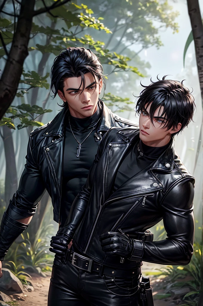 A muscular young man with black hair, wearing a white round-neck shirt and a black leather jacket over it, wearing blue jeans, black motorcycle gloves, a black belt, and black combat boots, is standing in the forest. In his right hand, he holds a high-tech black steel sword . Anime.