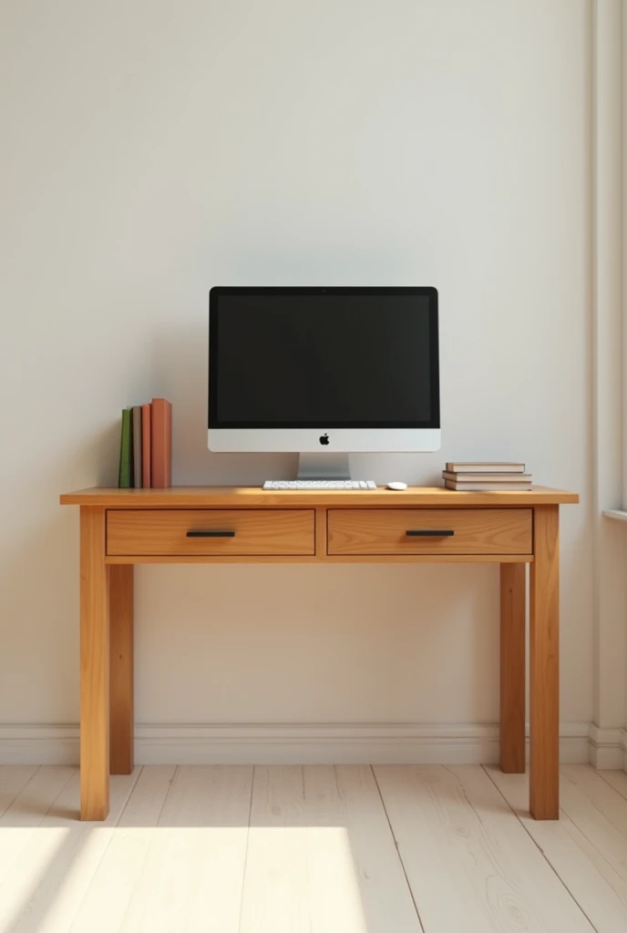 Perspective of a rectangular wooden desk. With 1 drawer divided into three lengthwise and above it a computer and 3 books, with legs free of drawers