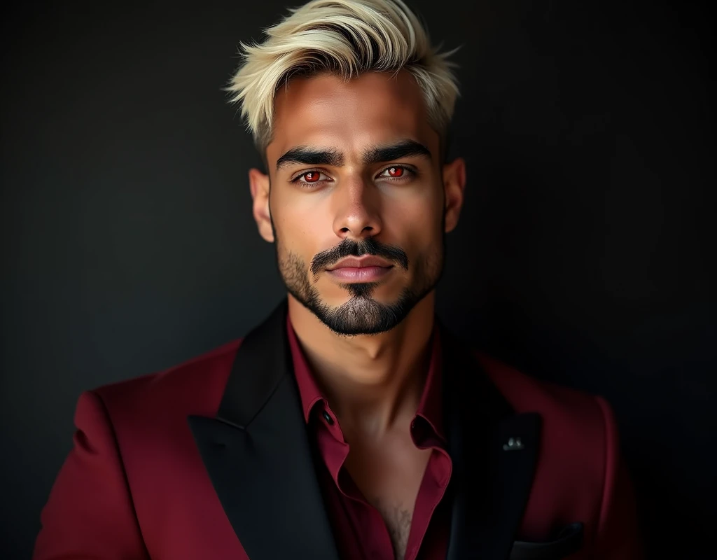 headshot of a very tall Arab-Egyptian featured male model, short platinum blond wavy textured swept back hair, long black stubble, lithe body, brown skin, vibrant red eyes, tall toned body. Professional expression. Wearing dark red and black clothes.