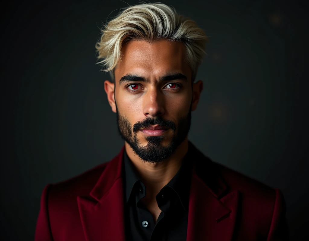headshot of a very tall Arab-Egyptian featured male model, short platinum blond wavy textured swept back hair, long black stubble, lithe body, brown skin, vibrant red eyes, tall toned body. Professional expression. Wearing dark red and black clothes.