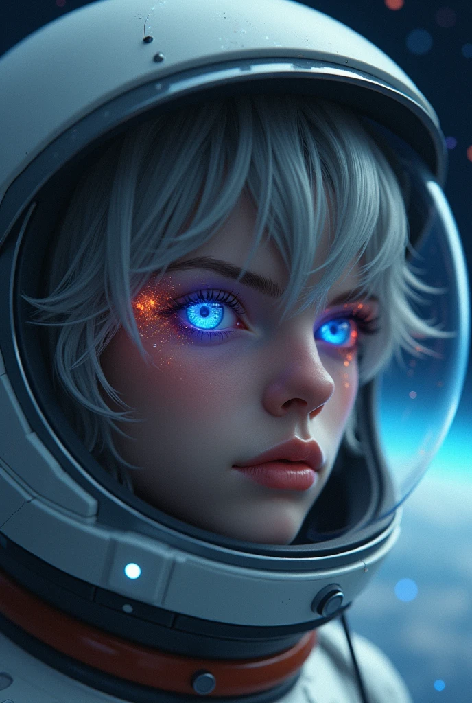 (Close-up of a better masterpiece:1.5)0.9], (Space and astronauts:1.2) (Messy silver hair:1.1) (Heterochromia xanthochromia and blue eyes:1.2) (Space Helmet:1.0) (Colored stars in the eyes:1.0) (A radiant glow:1.1) (thick lips:0.9)
